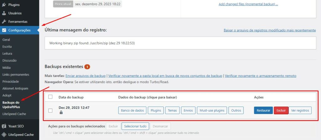 configurações sites